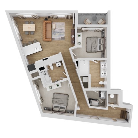 A 3D floor plan of a house with a kitchen, living room, and bedrooms.